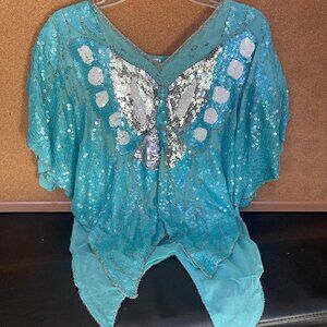 70's Vintage Blue/Silver Sequin Butterly Top Blouse
